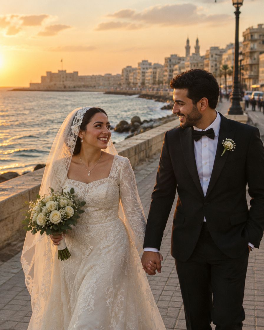 A bride and groom walking hand in hand along the Alexandria Corniche at sunset